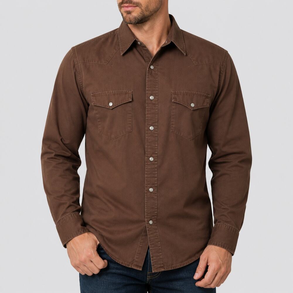 Rock 47 Shirt Mens Medium Brown Pearl Snap Cotton Long Sleeve Regular Fit